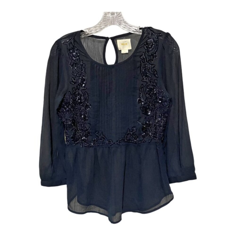 Maeve Anthropologie Size 4 Navy Beaded Long Sleeve Semi Sheer Silk Blouse